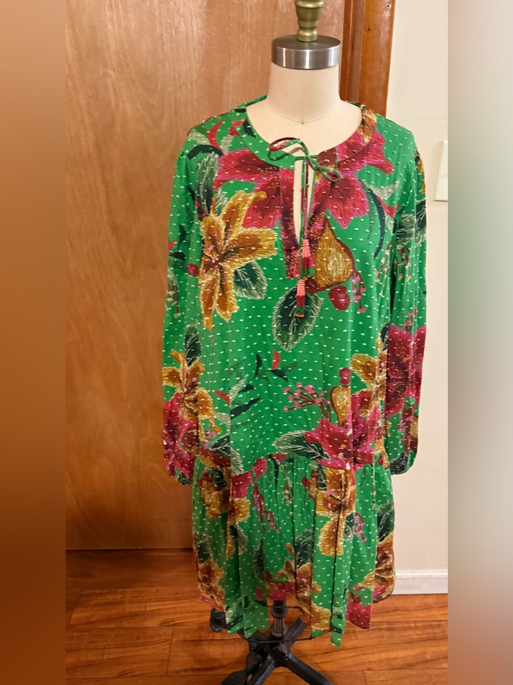 FARM Rio Green Floral Tie-Front Long Sleeve Dress